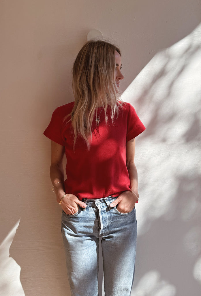 Pointelle Babe Tee in Red Apple