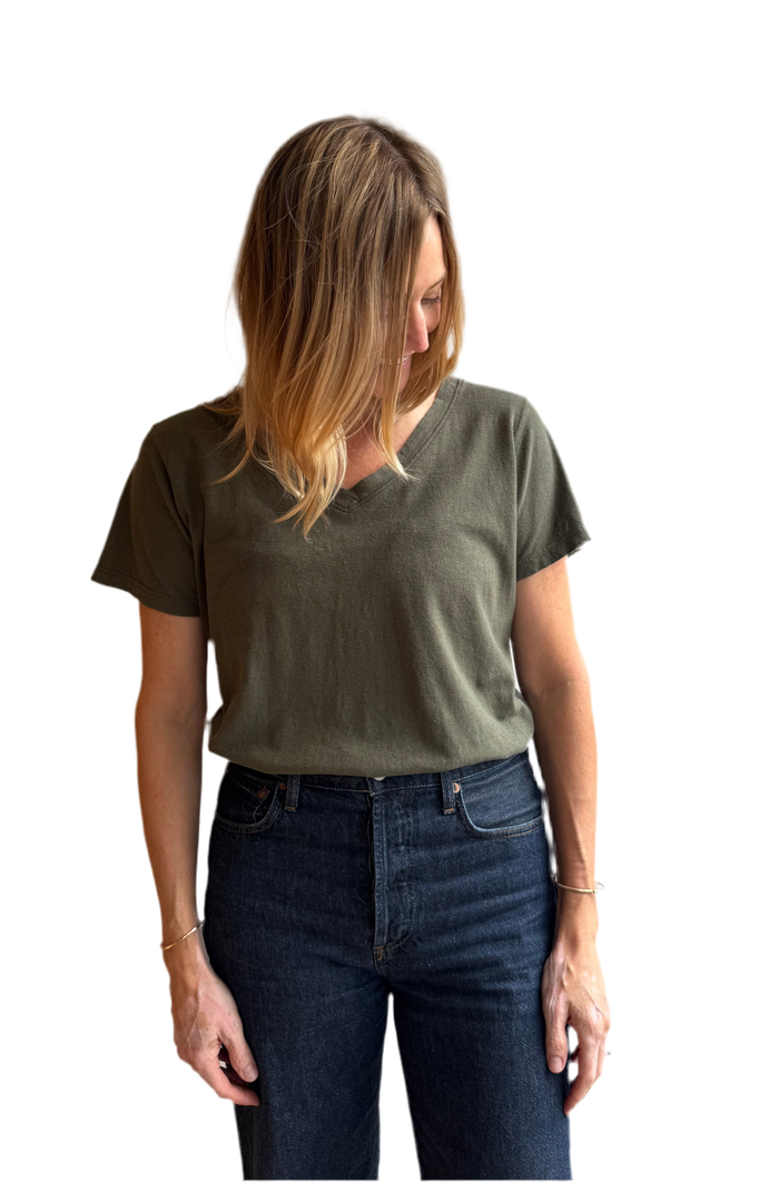 Paige V Neck Tee in Olive Green