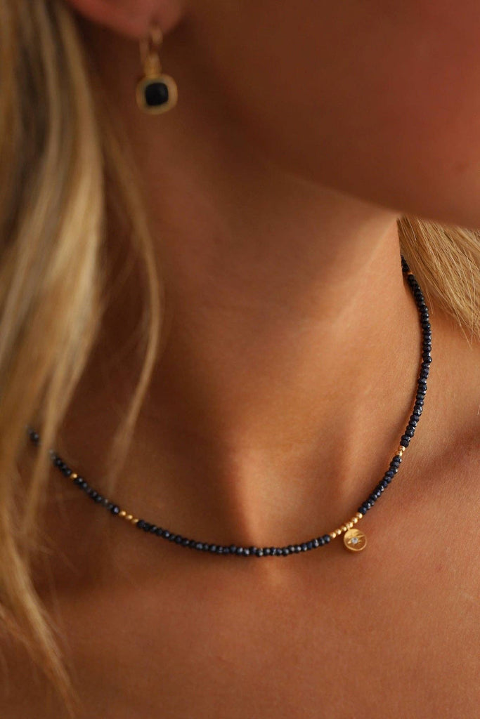 BEADED STAR MEDALLION NECKLACE: HEMATITE