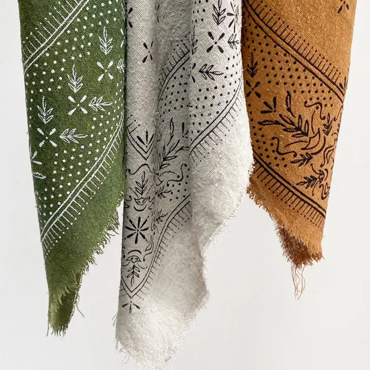 Olive Raw Silk Dyed Bandana - White Ink