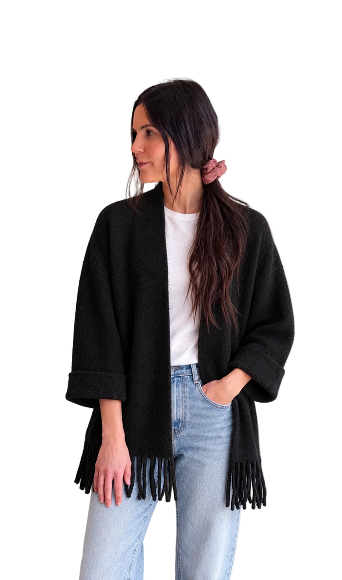 Gia Fringe Cardigan in Black