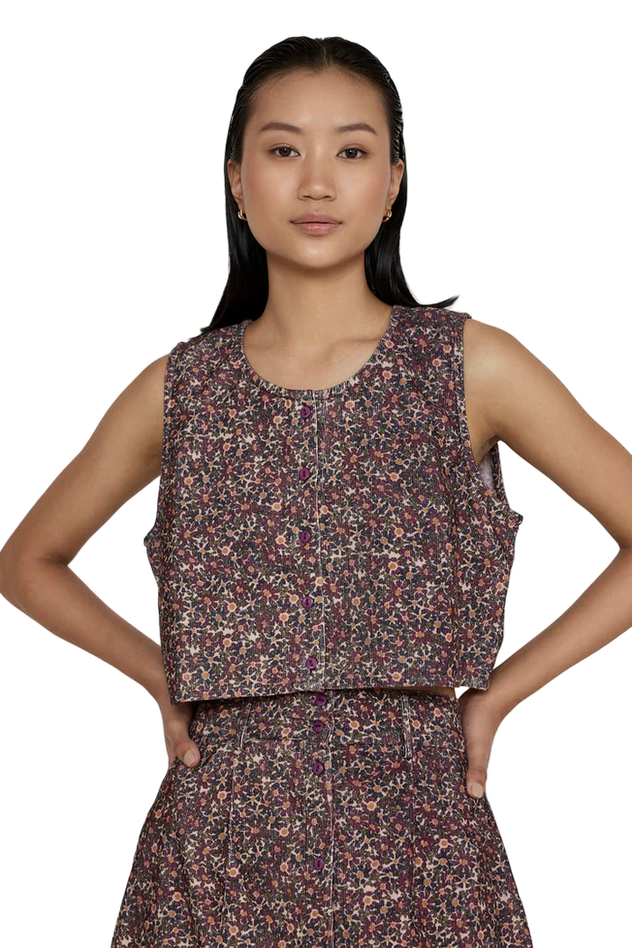 Cropped Button Vest in Floral Corduroy