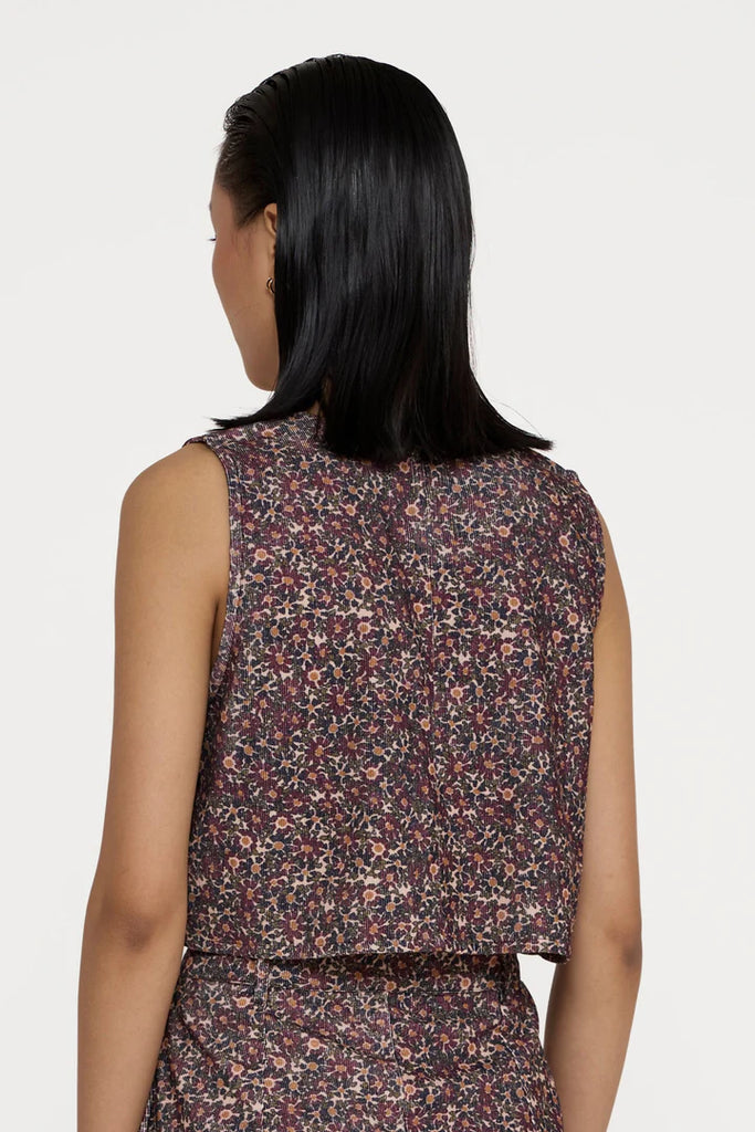 Cropped Button Vest in Floral Corduroy