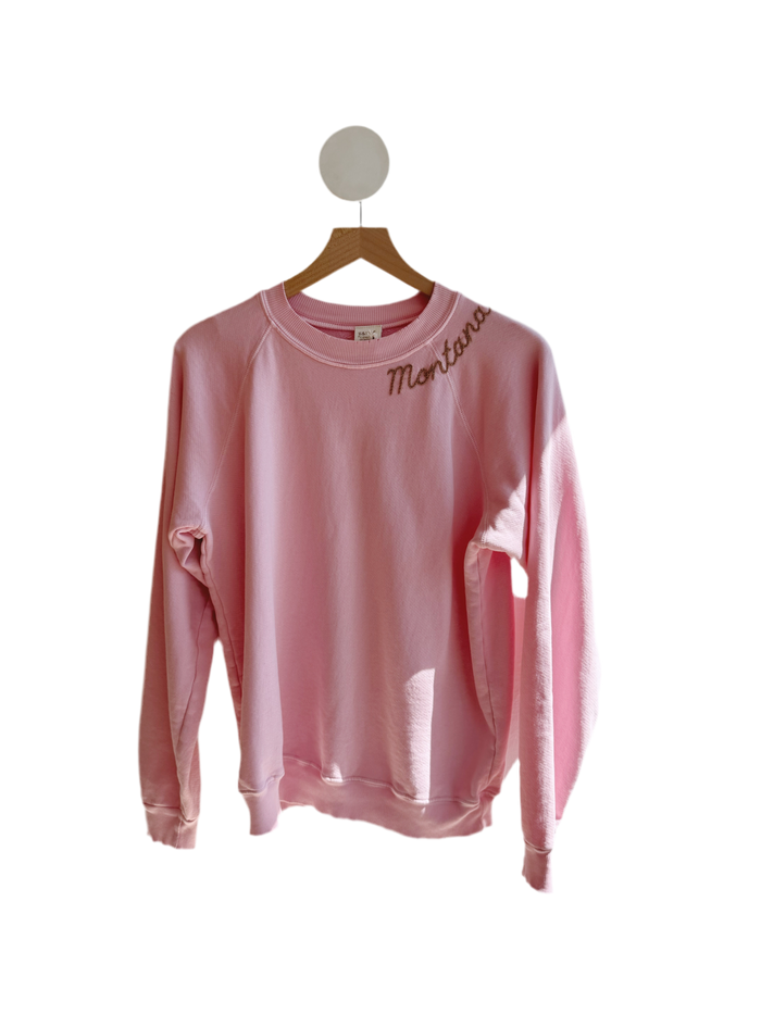 Pastel pink embroidered Montana Sweatshirt- tan thread