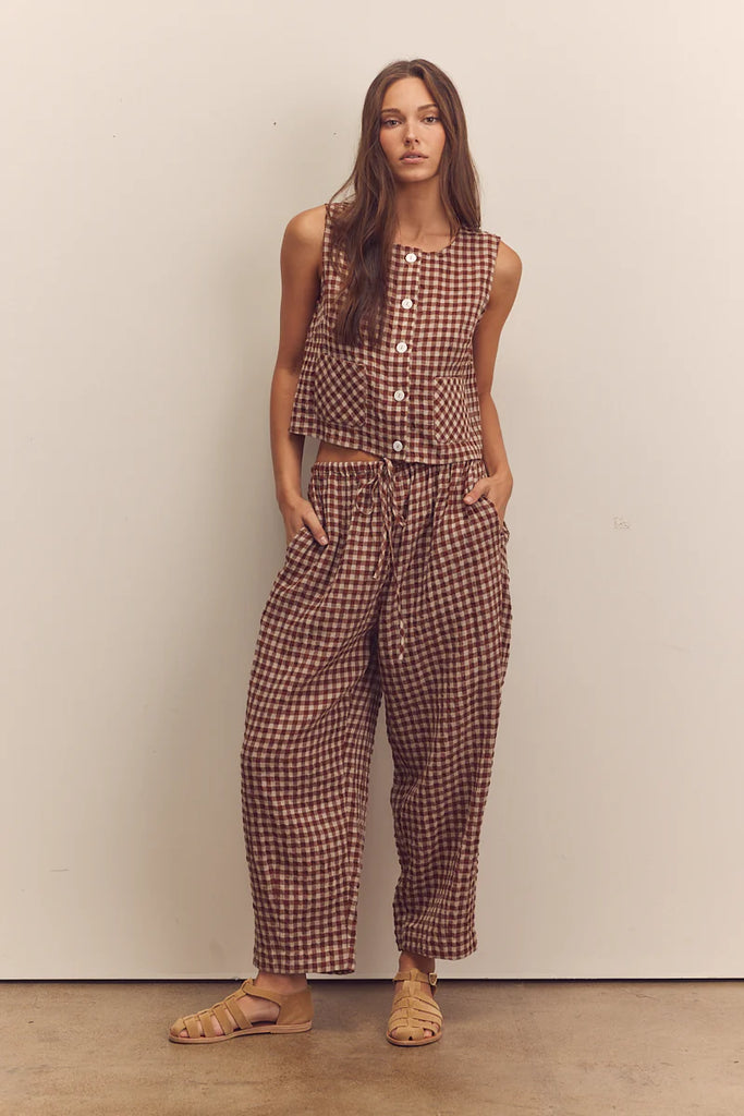 Brown & tan gingham drawstring easy pant