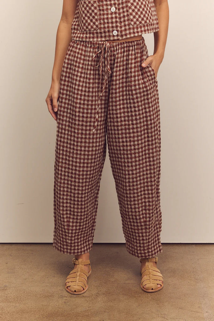 Brown & tan gingham drawstring easy pant