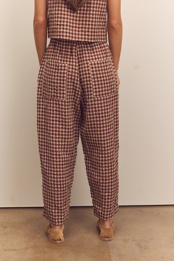 Brown & tan gingham drawstring easy pant