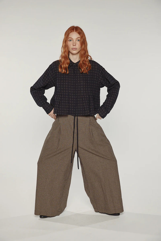 Check wide-leg drawstring trousers