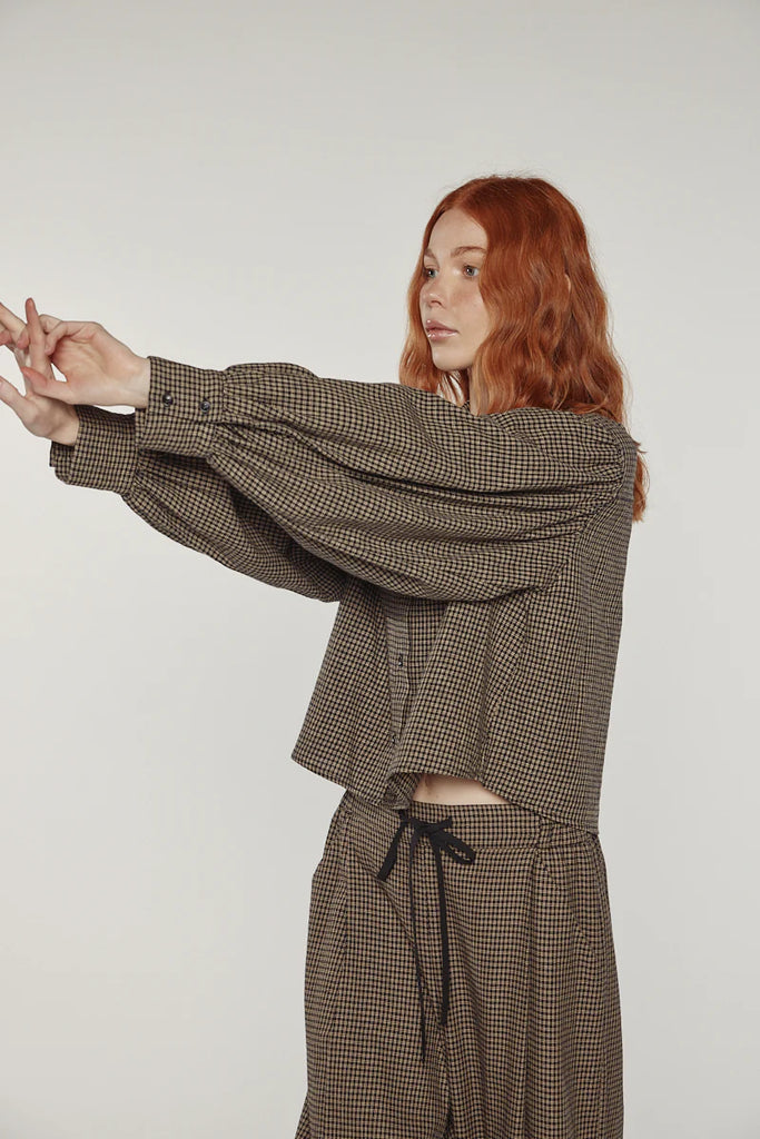 Check volume sleeve blouse