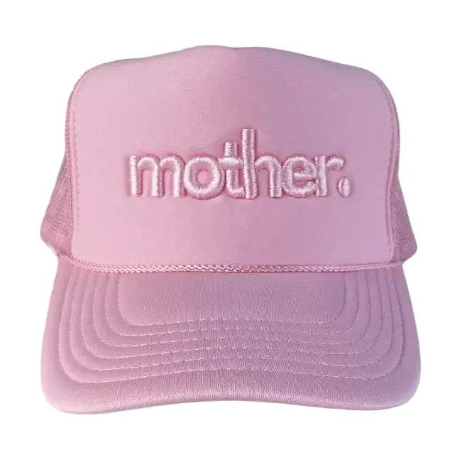 "mother." Embroidered Trucker Hat in Flamingo Pink