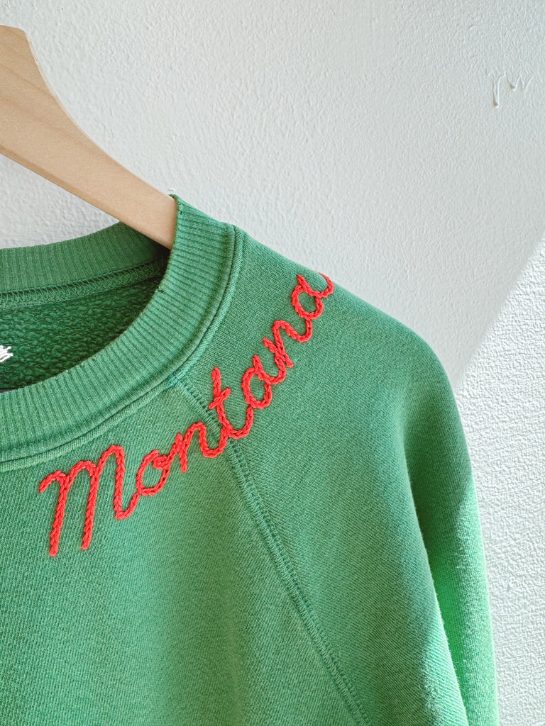 Green embroidered Montana Sweatshirt- red thread