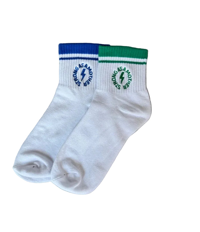 Strong As A Mother Embroidered Half Crew Socks - Green