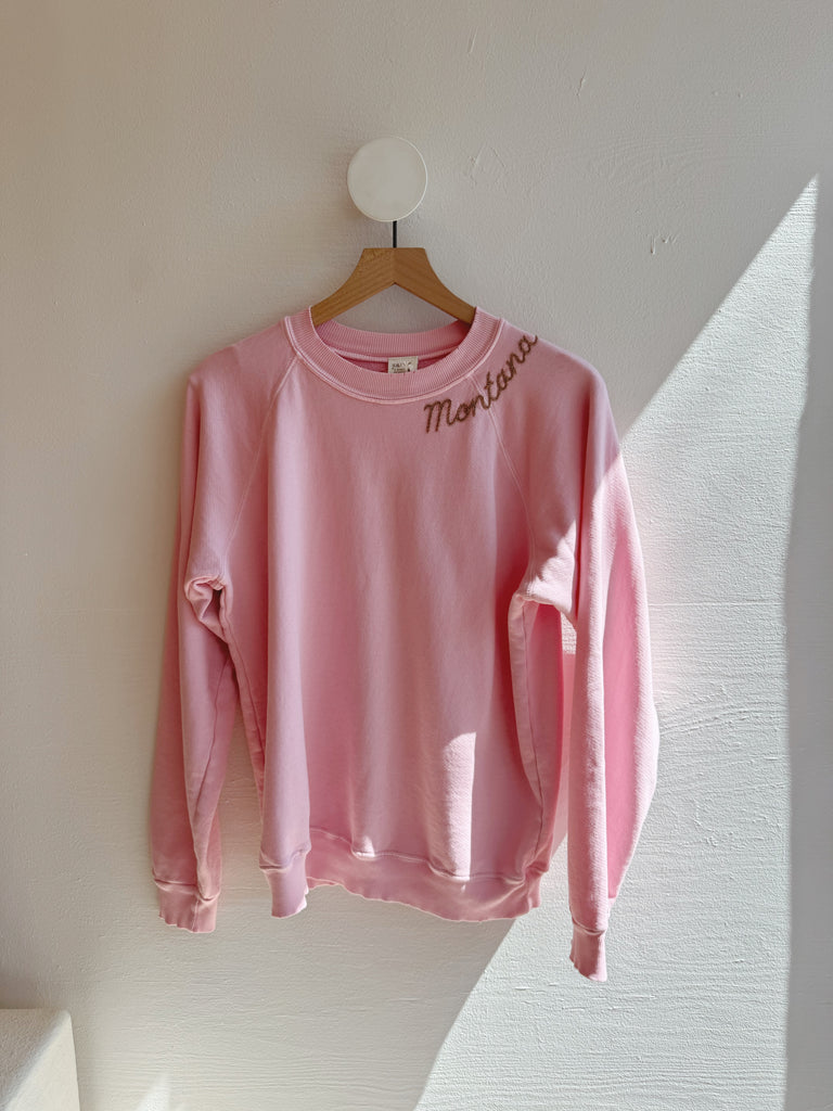 Pastel pink embroidered Montana Sweatshirt- tan thread