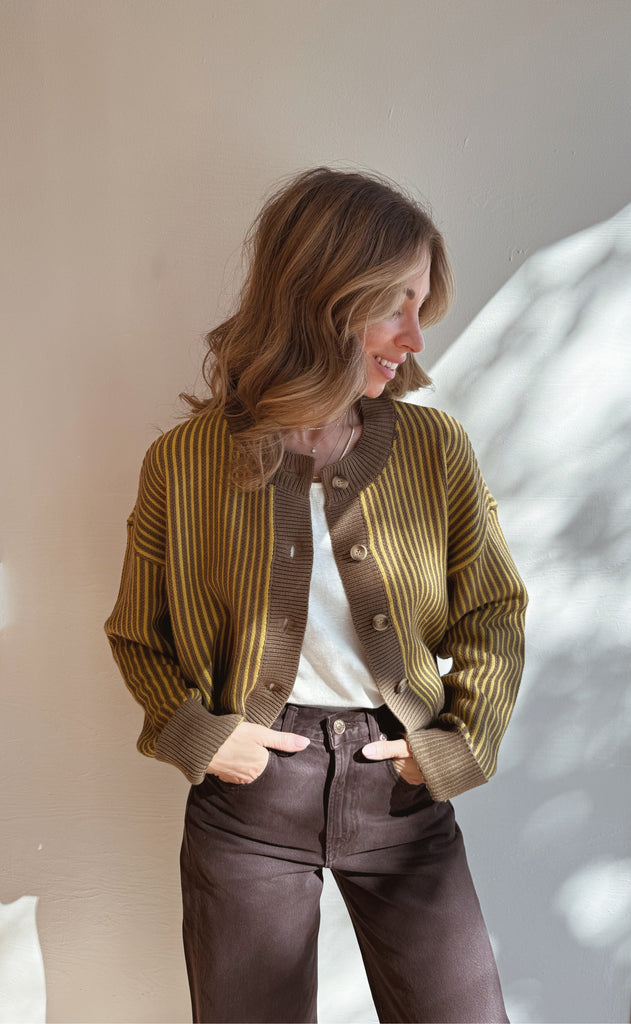 Chartreuse & taupe stripe AMAYA cardi