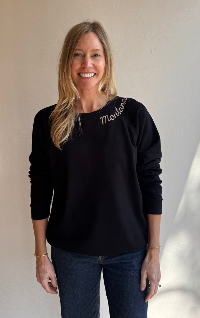 Black embroidered Montana Sweatshirt- tan thread