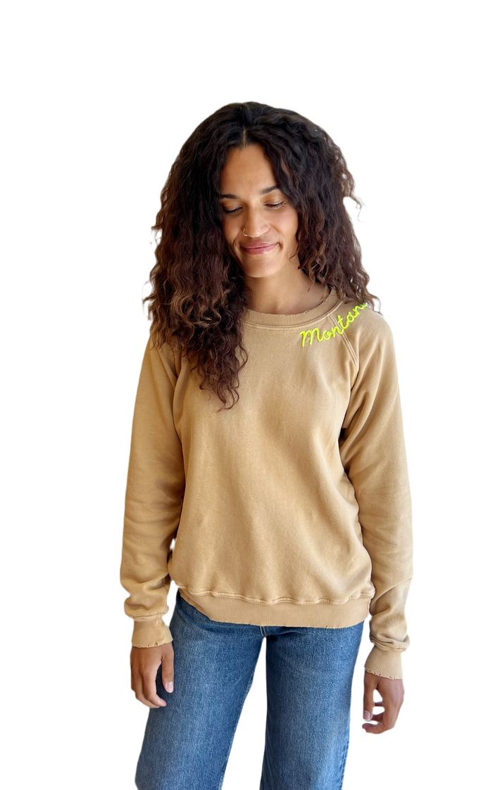 Tan embroidered Montana Sweatshirt- neon thread