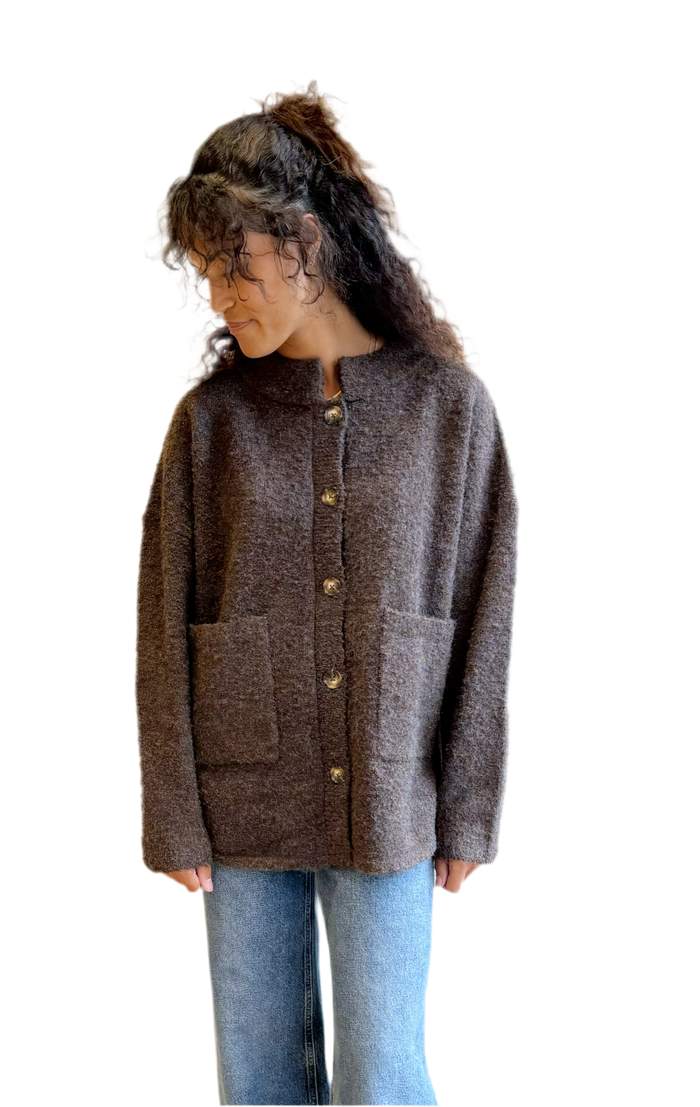 Boucle Button Cardigan in Dark Brown