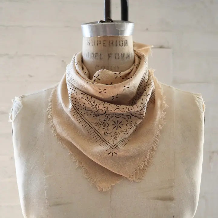 Oatmeal Raw Silk Dyed Bandana - Black Ink