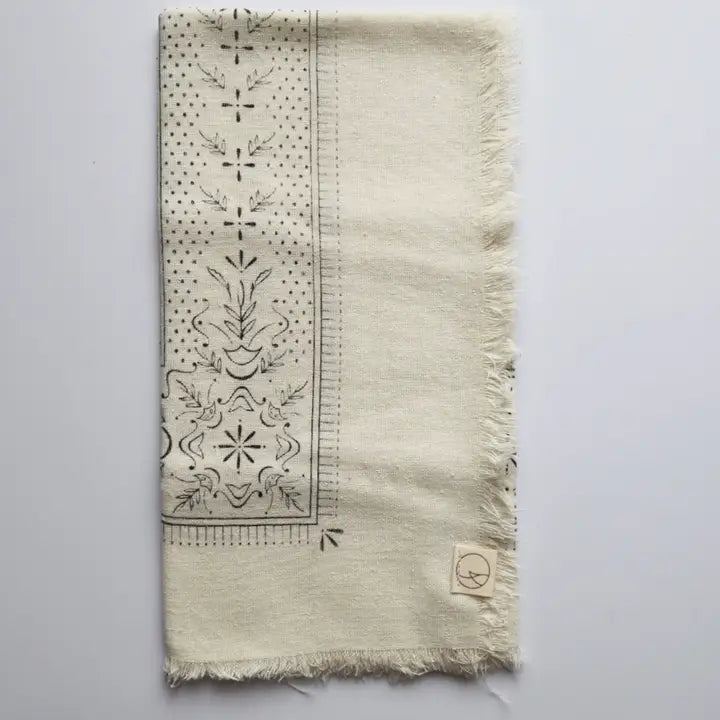 Cream Raw Silk Dyed Bandana - Black Ink