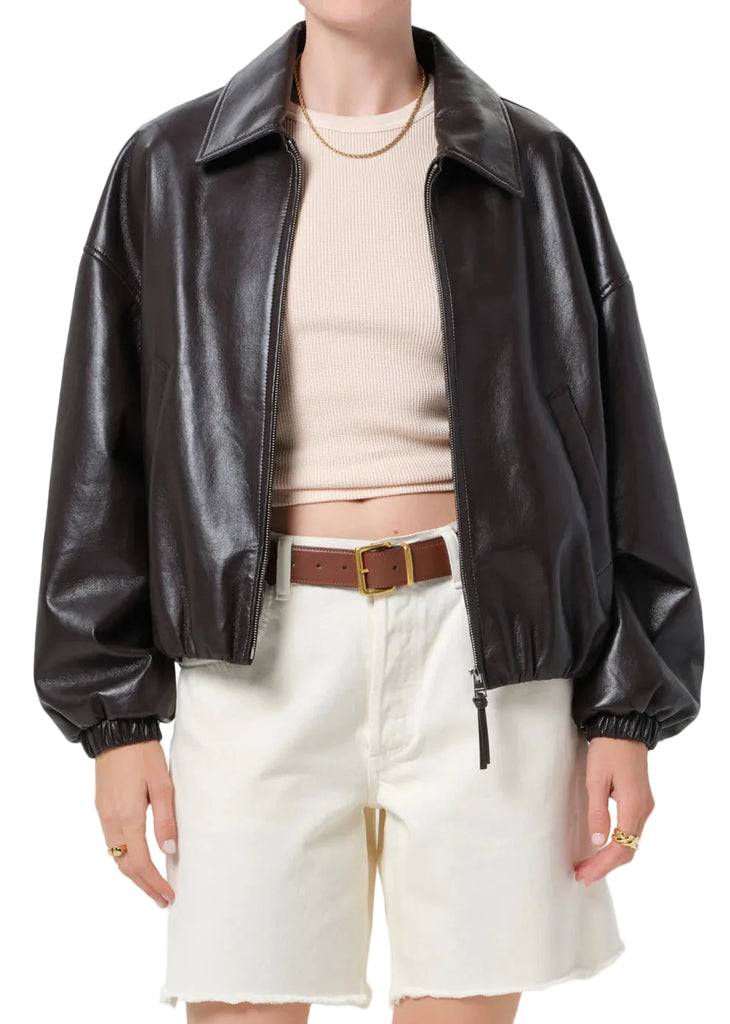 Bubble Hem Leather Bomber Jacket - Dark Chocolate Brown