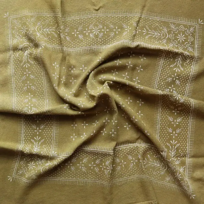 Olive Raw Silk Dyed Bandana - White Ink