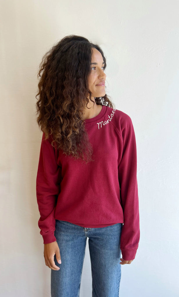 Dark maroon embroidered Montana Sweatshirt- cream thread