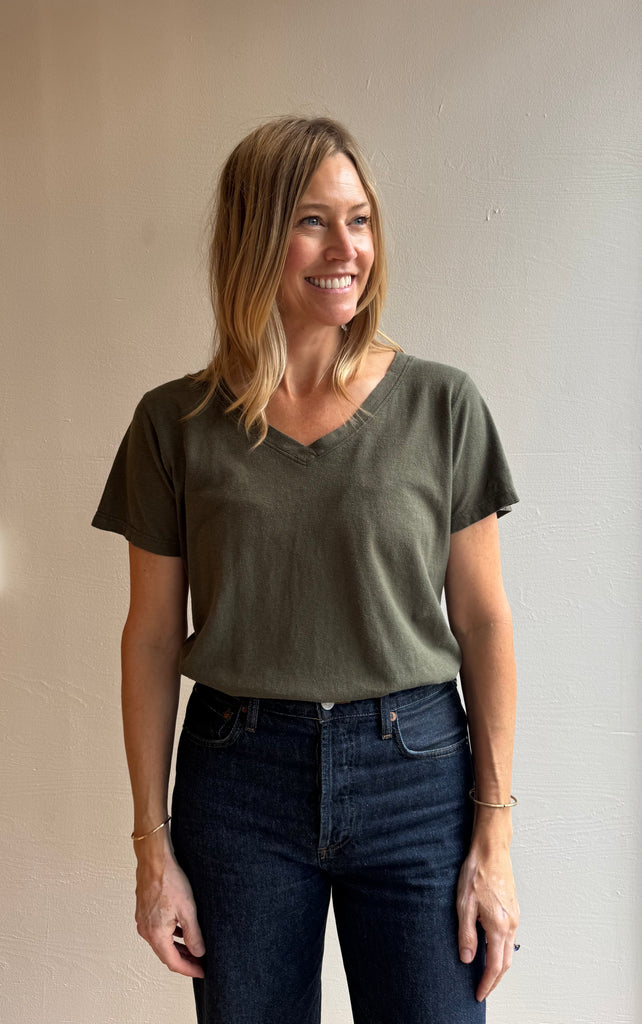 Paige V Neck Tee in Olive Green