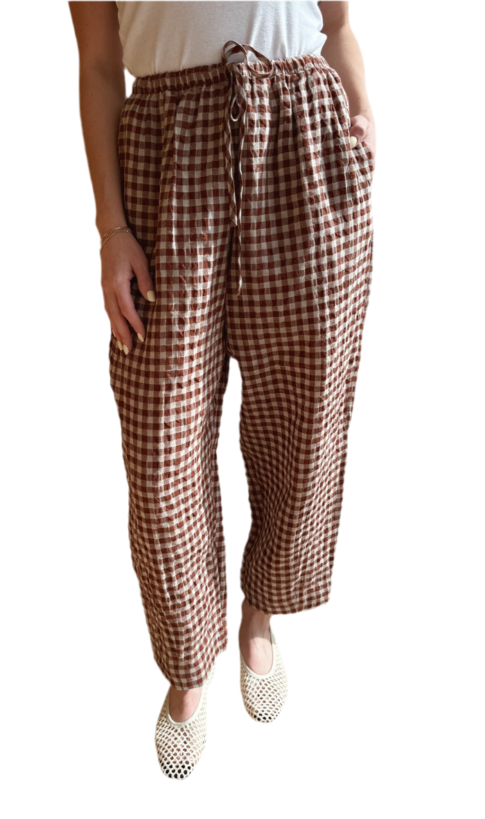 Brown & tan gingham drawstring easy pant