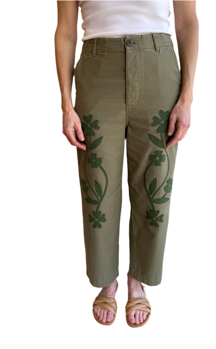 The Floral Applique Admiral Pant in Tonal Army