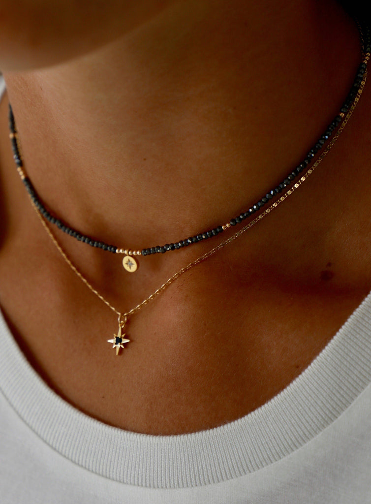 BEADED STAR MEDALLION NECKLACE: HEMATITE