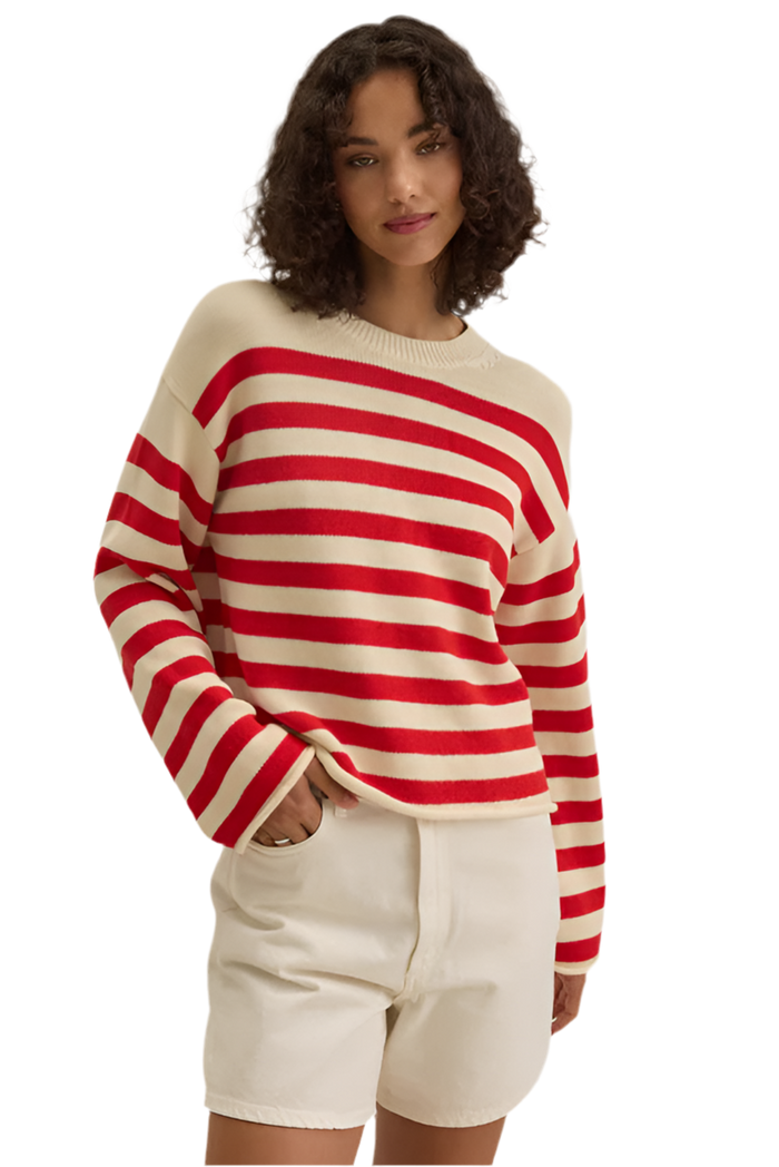 Lex Cotton Cashmere Crew in Cream & Red