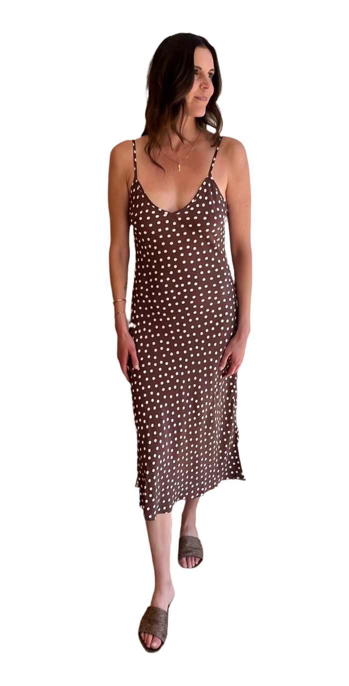 Freya slip dress in brown polka dot