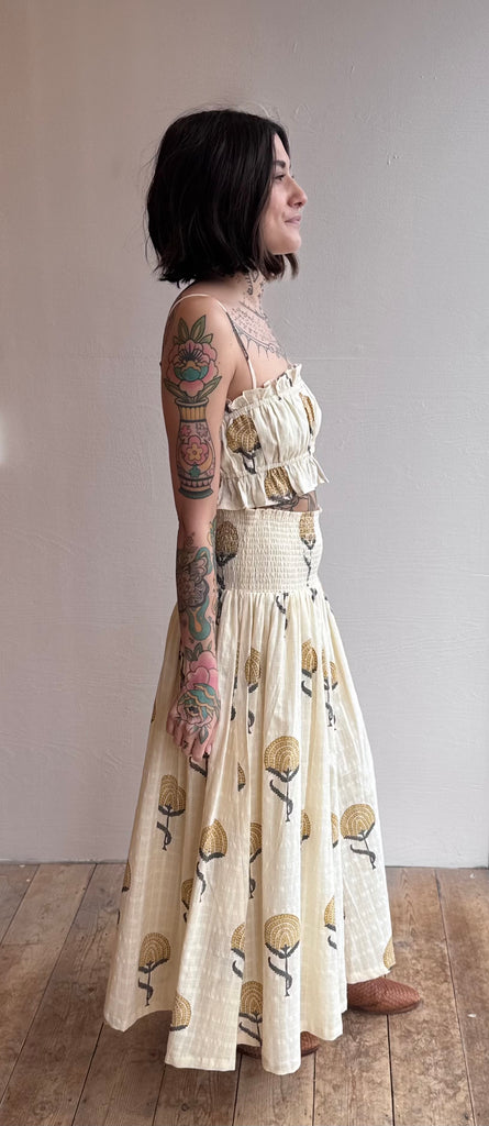 Smocked Maxi Skirt in Fan Flowers Marigold