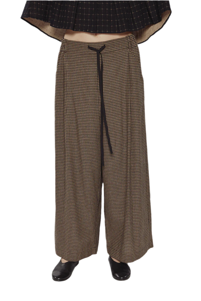 Check wide-leg drawstring trousers