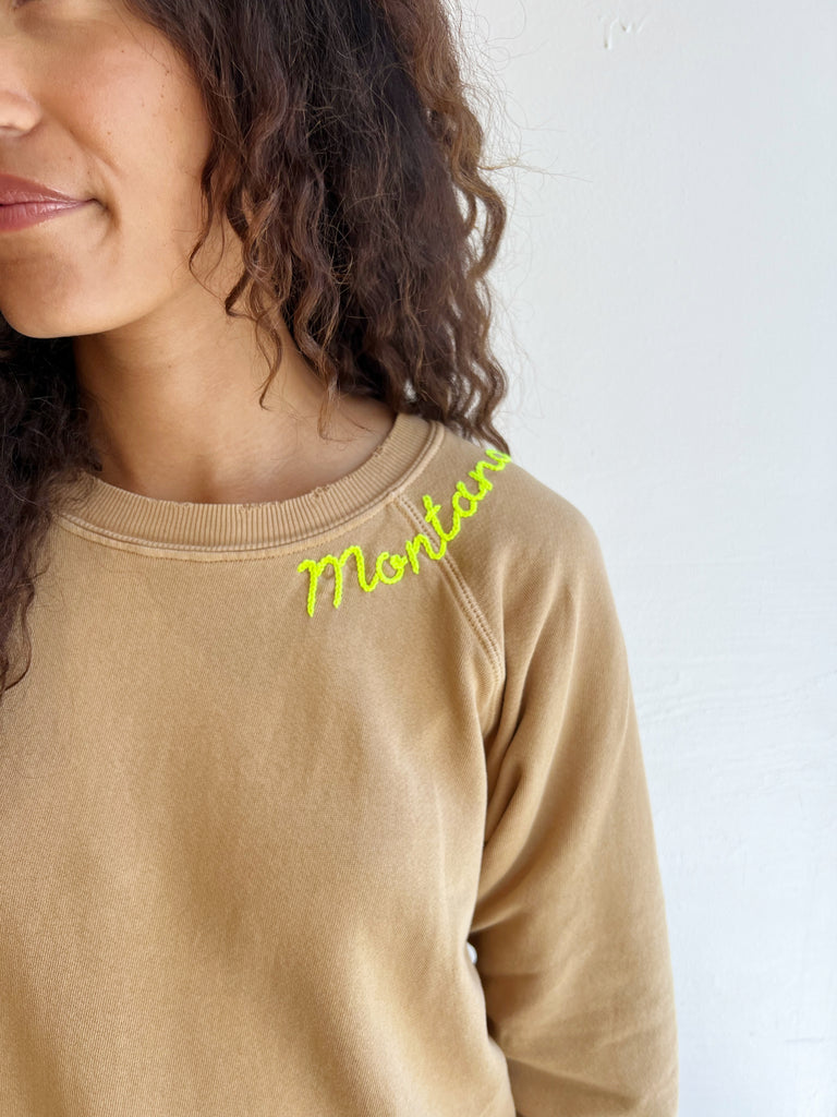 Tan embroidered Montana Sweatshirt- neon thread