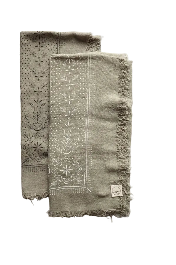 Sage Grey Raw Silk Dyed Bandana - Black Ink