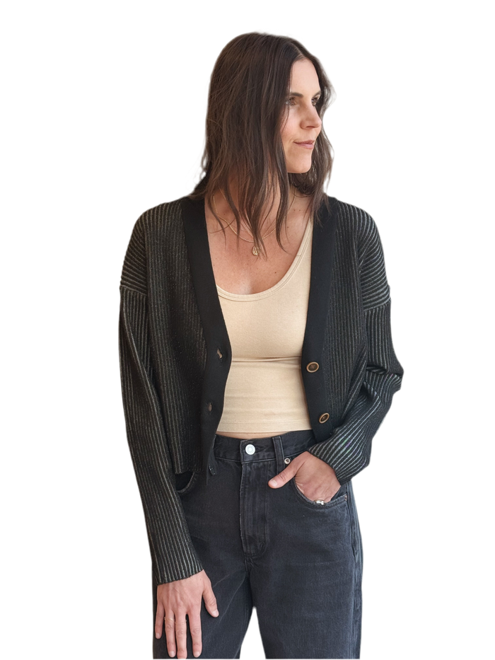 Black grey ribbed crop NONA cardi