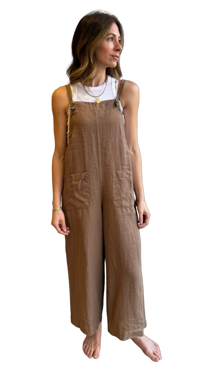 Linen ISABEL tie-strap jumpsuit in bark