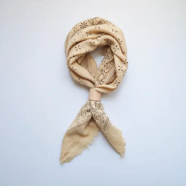 Oatmeal Raw Silk Dyed Bandana - Black Ink