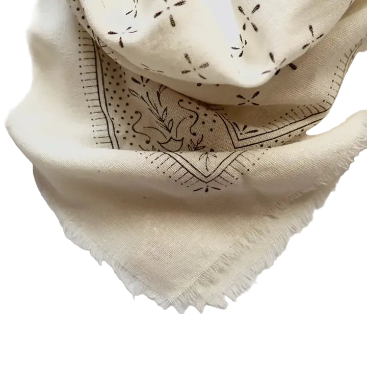 Cream Raw Silk Dyed Bandana - Black Ink
