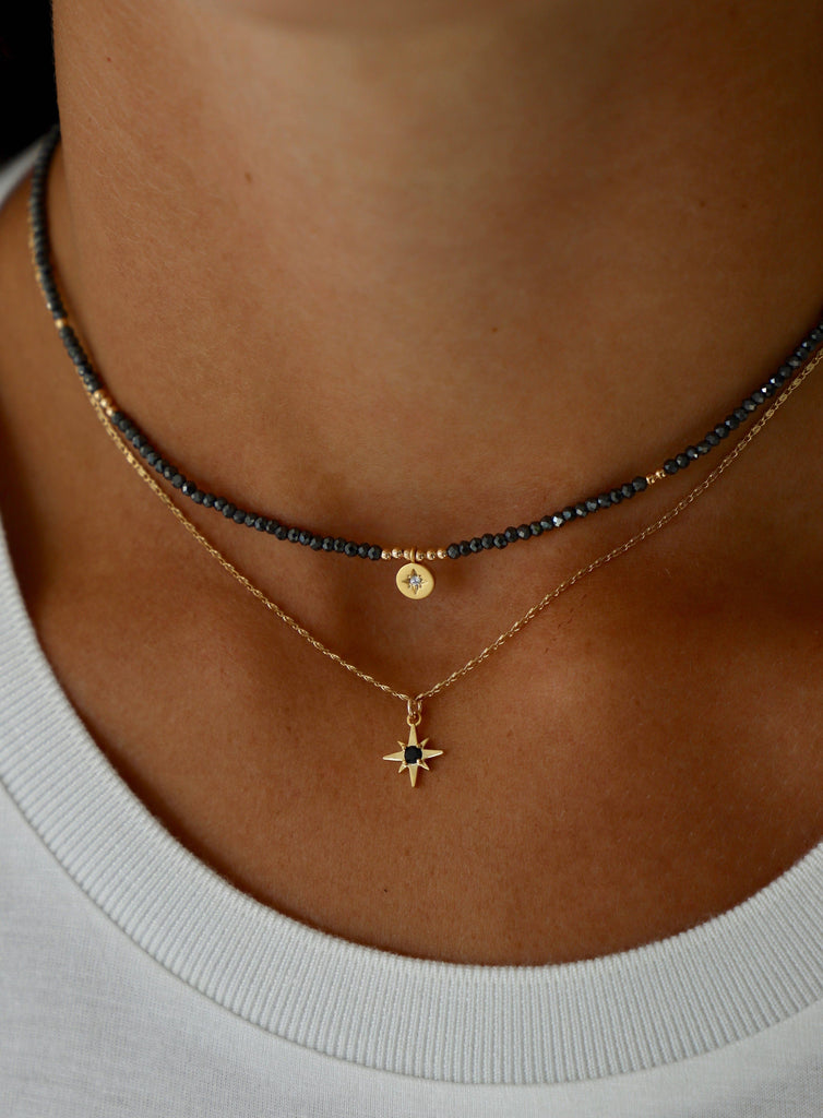 BEADED STAR MEDALLION NECKLACE: HEMATITE