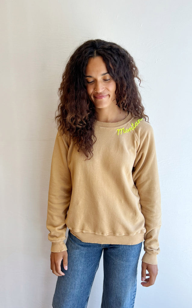 Tan embroidered Montana Sweatshirt- neon thread