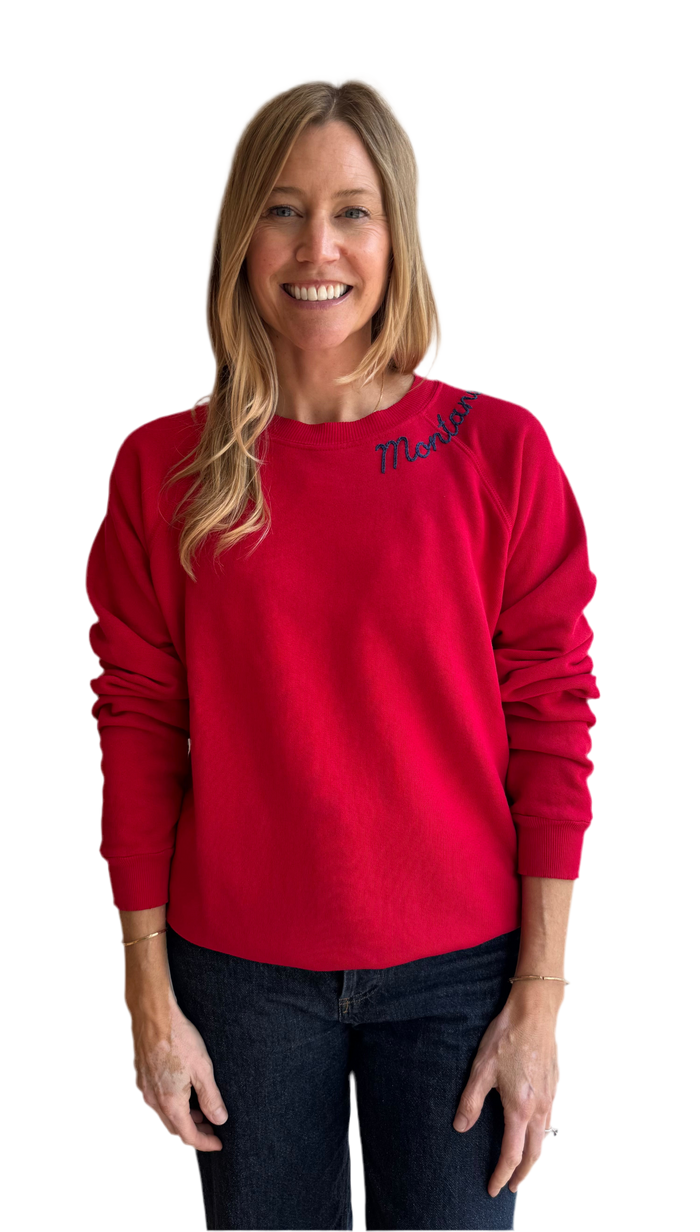 Red embroidered Montana Sweatshirt- navy thread