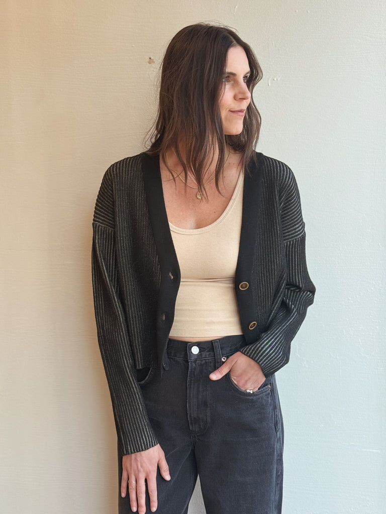 Black grey ribbed crop NONA cardi