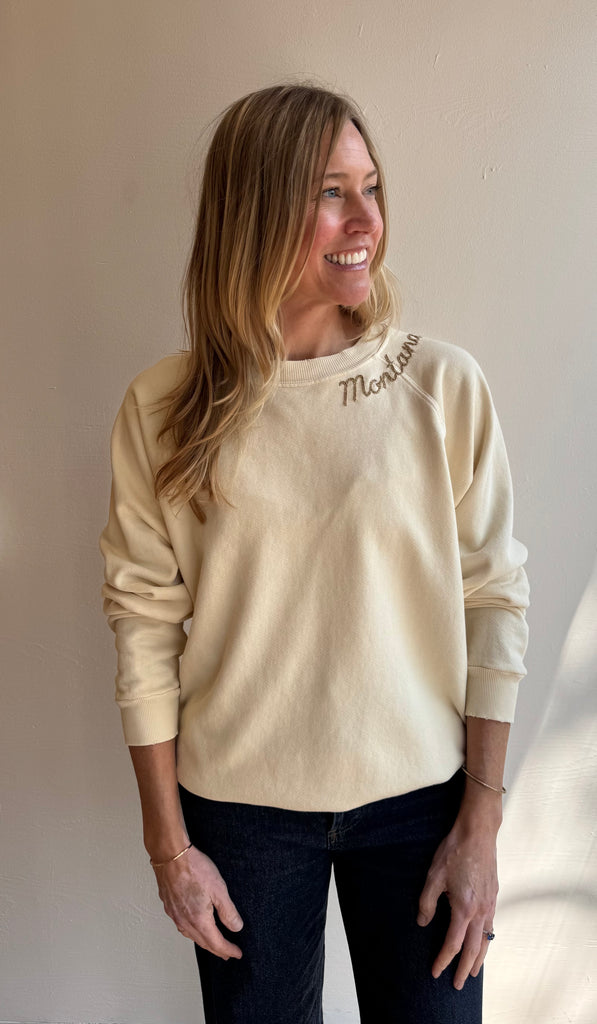 Cream embroidered Montana Sweatshirt- tan thread