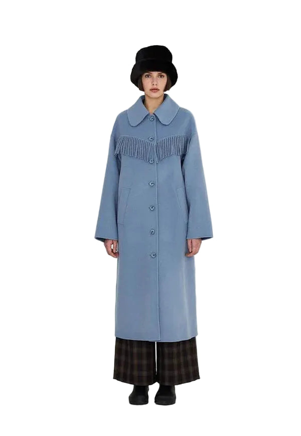 Frills Long Coat in Washed Blue