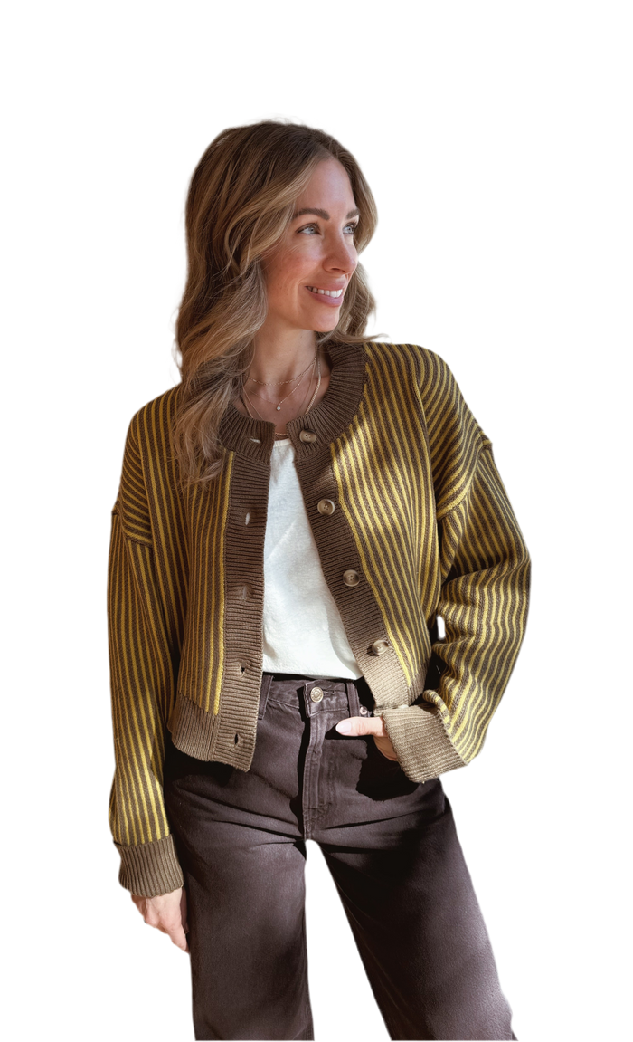 Chartreuse & taupe stripe AMAYA cardi