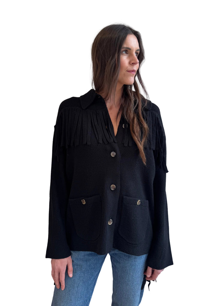 Western Fringe Sweater Jacket in Black