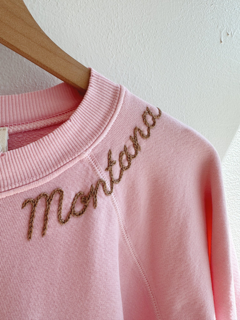 Pastel pink embroidered Montana Sweatshirt- tan thread