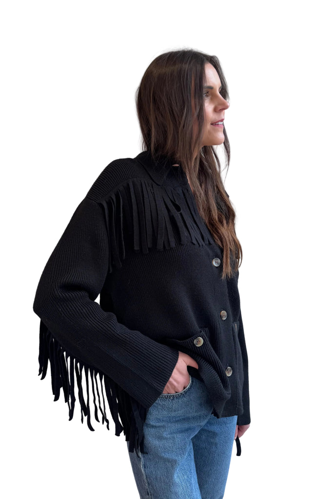 Western Fringe Sweater Jacket in Black